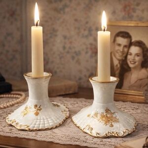 Hammersley Fine Bone China 4" Candle Holders Vintage England -Set Of 2